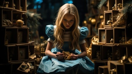 Fototapeta premium A woman in a blue dress sitting in a room full of shelves