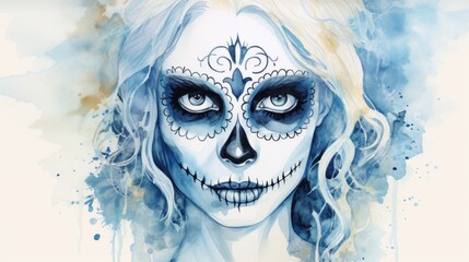 A watercolor painting of a woman with sugar skull makeup