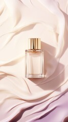 A bottle of perfume sitting on top of a white cloth