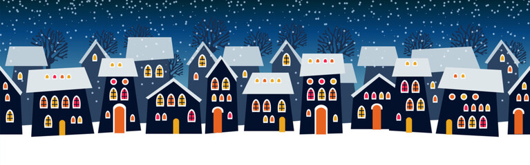 Cute Christmas and winter Night city houses. Snowy Windows of the lights town panorama.