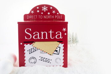 Red mailbox for Christmas mailings with letters to Santa Claus and Elf.