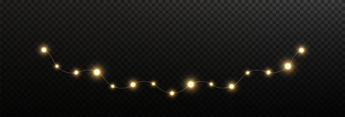Fototapeta na wymiar Festive Christmas light gold garlands png. Decor element for postcards, invitations, backgrounds transparent, business cards. Stock royalty free. Winter new collection 2024. 