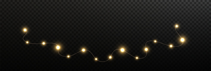 Festive Christmas light gold garlands png. Decor element for postcards, invitations, backgrounds transparent, business cards. Stock royalty free. Winter new collection 2024.	