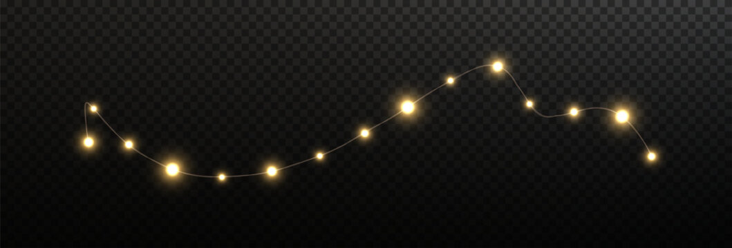 Festive Christmas light gold garlands png. Decor element for postcards, invitations, backgrounds transparent, business cards. Stock royalty free. Winter new collection 2024.	