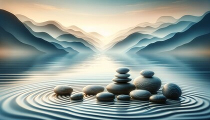 Fototapeta na wymiar A zen-inspired design with smooth stones and tranquil water ripples, creating a peaceful and soothing abstract background