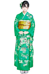 緑色の振袖を着た女性