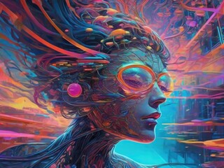 Digital Illustration of a Female Face Surrounded by Colorful Abstract