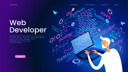 Programming web banner. Best programming languages. Technology process of Software development. Full StackDeveloper - obrazy, fototapety, plakaty