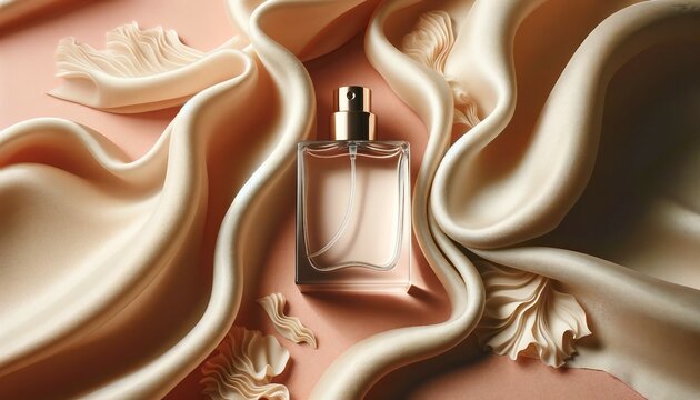 Product mockup for bottle of perfume on flowing abstract delicate cloth background. Cosmetic mockup background in pastel colors