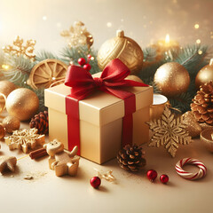 Fototapeta na wymiar Christmas Decoration Composition with Golden Gift Box