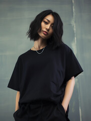 asian woman with black oversized t-shirt mockup