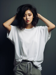 asian woman wear white oversized t-shrit mockup