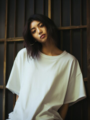 asian woman wear white oversized t-shrit mockup