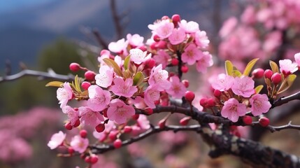 Pink blossoms in Bhutan's springtime shrubs .