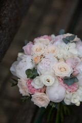 wedding bouquet, white peony and david austin roses. Fresh flowers. Wedding floristic.