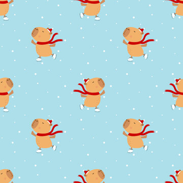 Print with cute skating capybara in a scarf. Funny seamless pattern