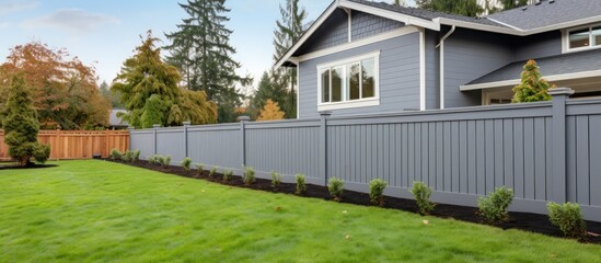 Large gray craftsman house with landscaped yard and white fence seen from the side - obrazy, fototapety, plakaty