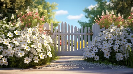 Spring flowers and a wooden gate surround a white entrance.
