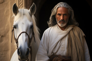 Cultural Elegance: Arab Gentleman in White Kandoor Beside a Horse