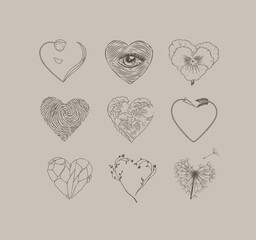 Hearts shape with flower, eye, fingerprint, wave, arrow, stone drawing in graphic style on beige background