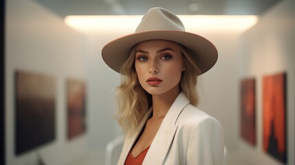 A portrait showcasing a beautiful young woman in a trendy hat, her makeup immaculate, wearing fashion-forward clothes, set in the minimalistic interior of a contemporary art gallery.