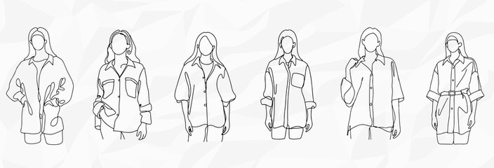 Lässige Eleganz: Bundle mit Lineart-Zeichnungen von Frauen in XXL-Hemden und anonymisierten Gesichtern