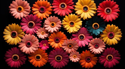Fototapeta na wymiar Top view of a composition of various vibrant gerbera daisies on a black backdrop rendered using generative artificial intelligence.