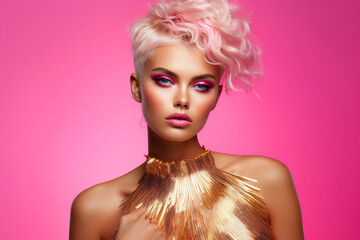 Radiant Pink: Fashion Model in Metallic Splendor