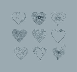 Hearts shape with flower, eye, fingerprint, wave, arrow, stone drawing in graphic style on grey background