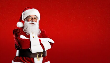 Close up photo of positive santa claus look in camera wear red costume headwear isolated over bright shine color background
