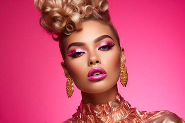 Obraz premium Metallic Reverie: Exquisite Pink Glamour Portrait