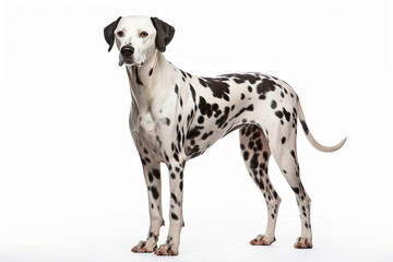 Dalmatian dog standing on a white background. Animal left-side portrait.
