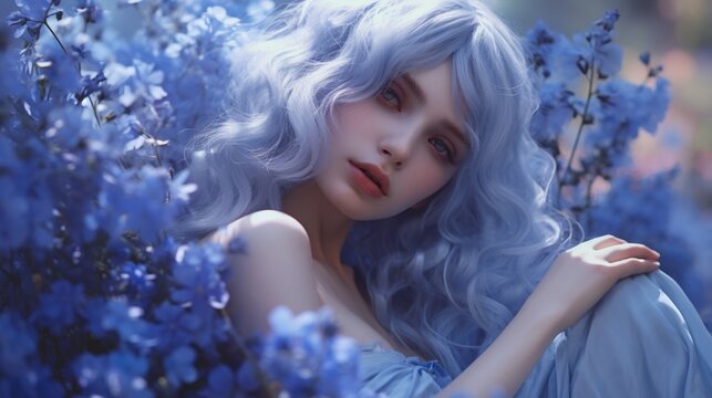A serene depiction of silky, powder blue hair gently resting on the delicate petals of a field of bluebells. The harmonious blend of hair and flowers creates a tranquil, monochromatic scene.