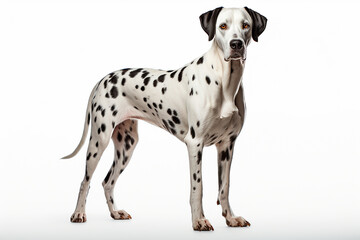 Dalmatian dog standing on a white background. Animal right-side portrait.