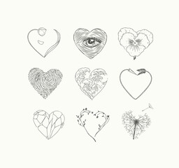 Hearts shape with flower, eye, fingerprint, wave, arrow, stone drawing in graphic style on light background