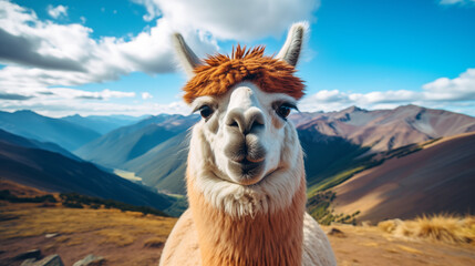 A close up of a llama with mountains in the background - obrazy, fototapety, plakaty
