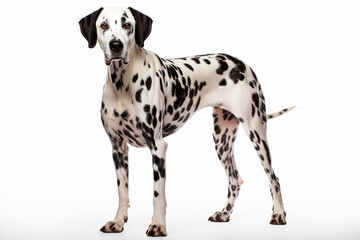 Dalmatian dog standing on a white background. Animal left-side portrait.
