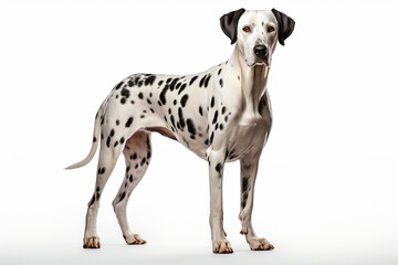 Dalmatian dog standing on a white background. Animal right-side portrait.