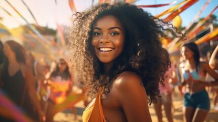 Portrait of happy beautiful young black woman with long curly hair in dance movement at beach disco bar. Summer vacation, holiday, happiness, music concept generative ai