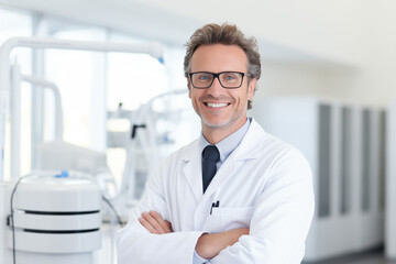 Portrait of a mature medical doctor smiling with folded arms.