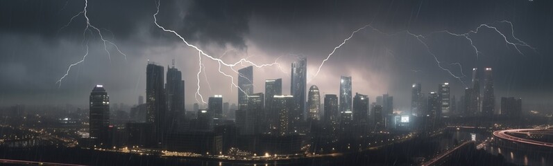 Thunderstorm and storm with heavy rain and lighting in a megapolis city with skyscrapers. Severe weather and flood concept.