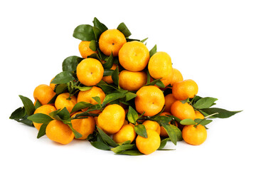 Heap of ripe mandarins with leaves isolated on white background