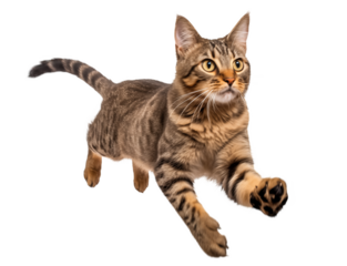 Cute funny kitten running on transparent background, png. Playful cat running and jumping on white
