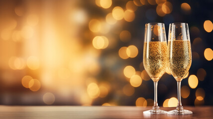 Beautiful weddin new year  table serving with sparkling wine glasses, garland bokeh on the background. Restaurant bar romantic evening dinner food estate.
