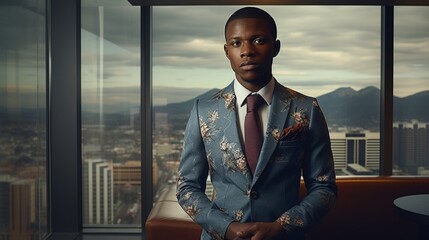 Obraz premium A sophisticated image of modern South African business attire, with a model wearing a tailored suit with subtle African print accents, set in a high-rise Johannesburg office building.