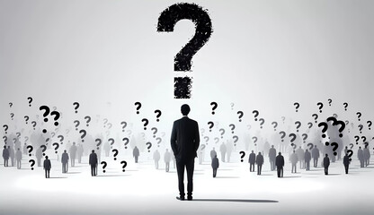 A person standing in front of a large group of question marks on a white background with a white background