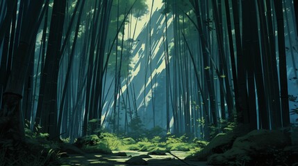 A dense bamboo forest, with tall stalks reaching skyward, casting slender shadows on the ground below.