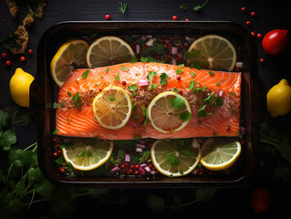 Salmon pieces cooked and grilled with herbs and lemon slices. Served in a small tray and nicely decorated.