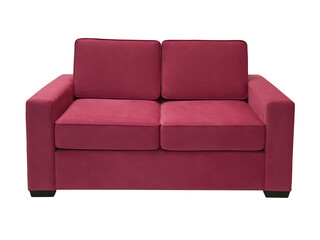 vintage crimson fabric sofa isolated on white background, front view