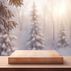 Empty Blank Wooden Podium Stage on a Snowy Winter Landscape Background. Product Display Platform with Copy Space for Banner or Poster. 
